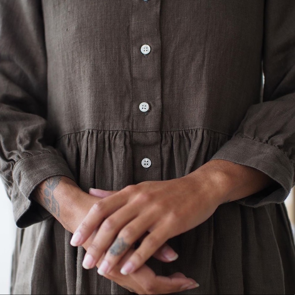 Beaton Linen Gathered Dress Earth Small